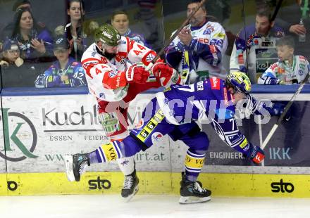 Eishockey ICE Bundesliga. VSV gegen Bozen.  Philipp Lindner (VSV), Scott Valentine  (Bozen) . Villach, am 9.3.2025
Foto: Kuess
---
pressefotos, pressefotografie, kuess, qs, qspictures, sport, bild, bilder, bilddatenbank