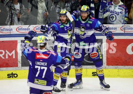 Eishockey ICE Bundesliga. VSV gegen Bozen.  Torjubel Alexander Rauchenwald, Guus Van Nes, Philipp Lindner (VSV) . Villach, am 9.3.2025
Foto: Kuess
---
pressefotos, pressefotografie, kuess, qs, qspictures, sport, bild, bilder, bilddatenbank
