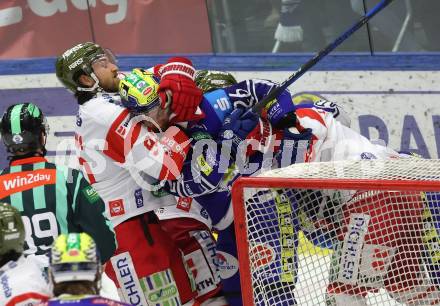 Eishockey ICE Bundesliga. VSV gegen Bozen.  Guus Van Nes  (VSV), Dylan Di Perna (Bozen) . Villach, am 9.3.2025
Foto: Kuess
---
pressefotos, pressefotografie, kuess, qs, qspictures, sport, bild, bilder, bilddatenbank
