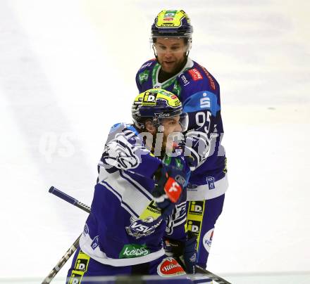 Eishockey ICE Bundesliga. VSV gegen Bozen.  Torjubel Mark Katic, Alexander Rauchenwald (VSV) . Villach, am 9.3.2025
Foto: Kuess
---
pressefotos, pressefotografie, kuess, qs, qspictures, sport, bild, bilder, bilddatenbank