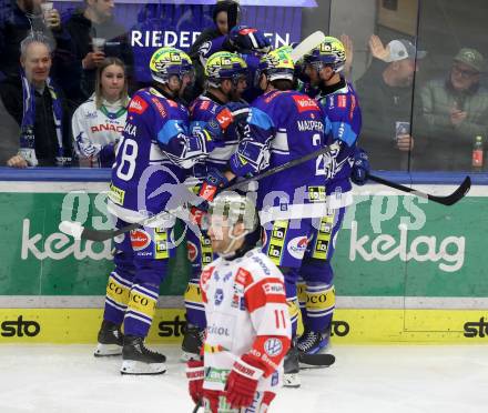 Eishockey ICE Bundesliga. VSV gegen Bozen.  Torjubel Mark Katic, Nikita Scherbak, Felix Maxa, Dylan Macpherson (VSV) . Villach, am 9.3.2025
Foto: Kuess
---
pressefotos, pressefotografie, kuess, qs, qspictures, sport, bild, bilder, bilddatenbank