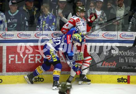 Eishockey ICE Bundesliga. VSV gegen Bozen.  Elias Wallenta (VSV), Simon Bourque (Bozen) . Villach, am 9.3.2025
Foto: Kuess
---
pressefotos, pressefotografie, kuess, qs, qspictures, sport, bild, bilder, bilddatenbank