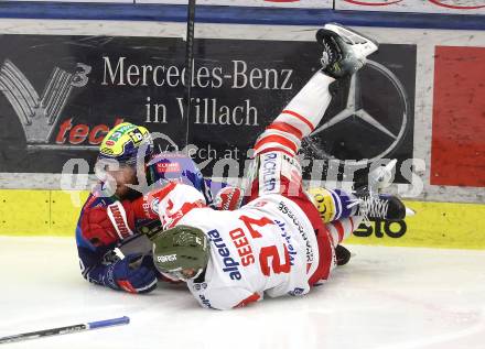 Eishockey ICE Bundesliga. VSV gegen Bozen.  Kevin Hancock (VSV), Jason Seed (Bozen) . Villach, am 9.3.2025
Foto: Kuess
---
pressefotos, pressefotografie, kuess, qs, qspictures, sport, bild, bilder, bilddatenbank