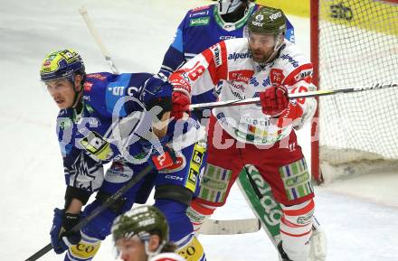 Eishockey ICE Bundesliga. VSV gegen Bozen.  Dylan Macpherson (VSV), Nick Saracino (Bozen) . Villach, am 9.3.2025
Foto: Kuess
---
pressefotos, pressefotografie, kuess, qs, qspictures, sport, bild, bilder, bilddatenbank