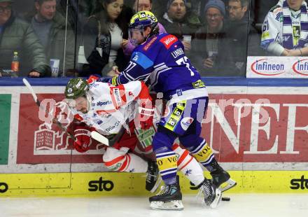 Eishockey ICE Bundesliga. VSV gegen Bozen.  Philipp Lindner (VSV), Daniel Mantenuto  (Bozen) . Villach, am 9.3.2025
Foto: Kuess
---
pressefotos, pressefotografie, kuess, qs, qspictures, sport, bild, bilder, bilddatenbank