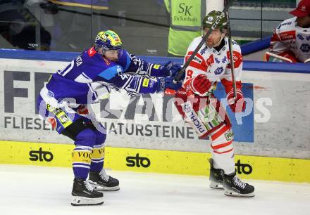 Eishockey ICE Bundesliga. VSV gegen Bozen.  Elias Wallenta  (VSV), Daniel Mantenuto (Bozen) . Villach, am 9.3.2025
Foto: Kuess
---
pressefotos, pressefotografie, kuess, qs, qspictures, sport, bild, bilder, bilddatenbank