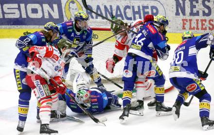 Eishockey ICE Bundesliga. VSV gegen Bozen.  Chase Pearson, Philipp Lindner, Alex Wall, Jean Philippe Lamoureux (VSV), Nicholas Saracino, Brad McClure (Bozen) . Villach, am 14.3.2025
Foto: Kuess
---
pressefotos, pressefotografie, kuess, qs, qspictures, sport, bild, bilder, bilddatenbank