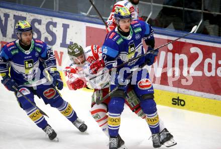 Eishockey ICE Bundesliga. VSV gegen Bozen.  Dylan Macpherson (VSV), Nicholas Saracino (Bozen) . Villach, am 14.3.2025
Foto: Kuess
---
pressefotos, pressefotografie, kuess, qs, qspictures, sport, bild, bilder, bilddatenbank