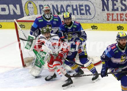 Eishockey ICE Bundesliga. VSV gegen Bozen.  Thomas Vallant (VSV), Adam Helewka (Bozen) . Villach, am 14.3.2025
Foto: Kuess
---
pressefotos, pressefotografie, kuess, qs, qspictures, sport, bild, bilder, bilddatenbank