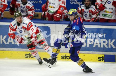 Eishockey ICE Bundesliga. VSV gegen Bozen.  Nikita Scherbak (VSV), Cristiano Digiacinto   (Bozen) . Villach, am 14.3.2025
Foto: Kuess
---
pressefotos, pressefotografie, kuess, qs, qspictures, sport, bild, bilder, bilddatenbank
