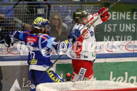 Eishockey ICE Bundesliga. VSV gegen Bozen.  Alexander Rauchenwald (VSV), Jason Seed  (Bozen) . Villach, am 14.3.2025
Foto: Kuess
---
pressefotos, pressefotografie, kuess, qs, qspictures, sport, bild, bilder, bilddatenbank