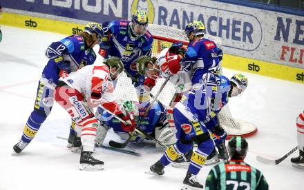 Eishockey ICE Bundesliga. VSV gegen Bozen.  Chase Pearson, Philipp Lindner, Alex Wall, Jean Philippe Lamoureux (VSV), Nicholas Saracino, Brad McClure (Bozen) . Villach, am 14.3.2025
Foto: Kuess
---
pressefotos, pressefotografie, kuess, qs, qspictures, sport, bild, bilder, bilddatenbank