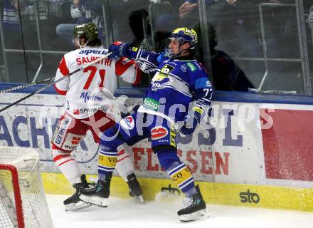 Eishockey ICE Bundesliga. VSV gegen Bozen.  Philipp Lindner (VSV), Anthony Salinitri  (Bozen) . Villach, am 14.3.2025
Foto: Kuess
---
pressefotos, pressefotografie, kuess, qs, qspictures, sport, bild, bilder, bilddatenbank
