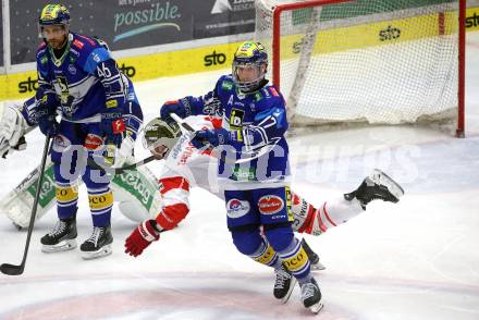 Eishockey ICE Bundesliga. VSV gegen Bozen.  Philipp Lindner (VSV), ACristiano Digiacinto  (Bozen) . Villach, am 14.3.2025
Foto: Kuess
---
pressefotos, pressefotografie, kuess, qs, qspictures, sport, bild, bilder, bilddatenbank