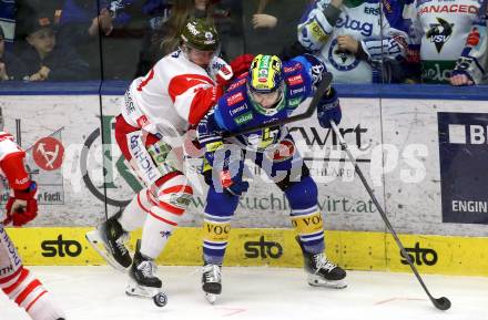 Eishockey ICE Bundesliga. VSV gegen Bozen.  Max Coatta  (VSV), Jason Seed  (Bozen) . Villach, am 14.3.2025
Foto: Kuess
---
pressefotos, pressefotografie, kuess, qs, qspictures, sport, bild, bilder, bilddatenbank