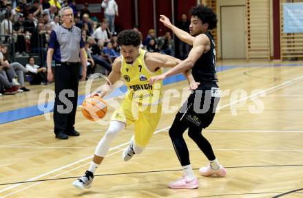 Basketball 2. Liga 2024/2025. Playoffs. VF1.   Woerthersee Piraten gegen Mattersburg Rocks.    Marcus Holyfield (Piraten),  Yann Grandperret (Mattersburg Rocks). Klagenfurt, am 15.3.2025.
Foto: Kuess


---
pressefotos, pressefotografie, kuess, qs, qspictures, sport, bild, bilder, bilddatenbank