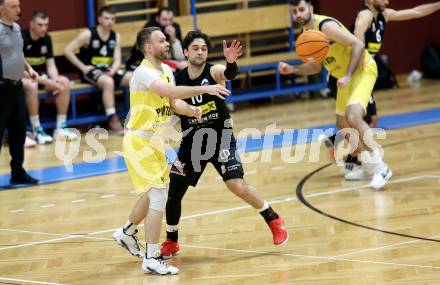 Basketball 2. Liga 2024/2025. Playoffs. VF1.   Woerthersee Piraten gegen Mattersburg Rocks.    Tim Huber (Piraten),  Julian Alper  (Mattersburg Rocks). Klagenfurt, am 15.3.2025.
Foto: Kuess


---
pressefotos, pressefotografie, kuess, qs, qspictures, sport, bild, bilder, bilddatenbank