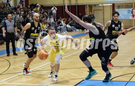 Basketball 2. Liga 2024/2025. Playoffs. VF1.   Woerthersee Piraten gegen Mattersburg Rocks.    Tim Huber (Piraten),  Tobias Winkler  (Mattersburg Rocks). Klagenfurt, am 15.3.2025.
Foto: Kuess


---
pressefotos, pressefotografie, kuess, qs, qspictures, sport, bild, bilder, bilddatenbank