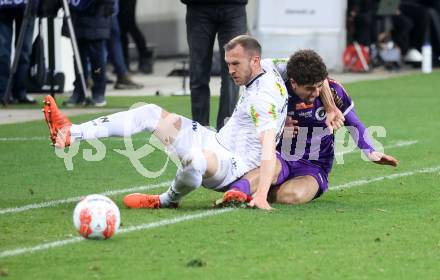 Fussball Bundesliga. SK Austria Klagenfurt gegen Altach.  Ben Bobzien, (Klagenfurt), Lukas Jaeger (Altach). Klagenfurt, am 16.3..2025.
Foto: Kuess
---
pressefotos, pressefotografie, kuess, qs, qspictures, sport, bild, bilder, bilddatenbank