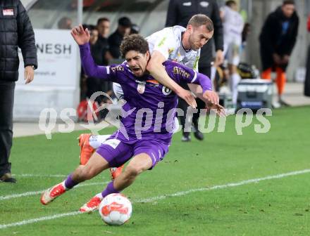 Fussball Bundesliga. SK Austria Klagenfurt gegen Altach.  Ben Bobzien, (Klagenfurt), Lukas Jaeger (Altach). Klagenfurt, am 16.3..2025.
Foto: Kuess
---
pressefotos, pressefotografie, kuess, qs, qspictures, sport, bild, bilder, bilddatenbank