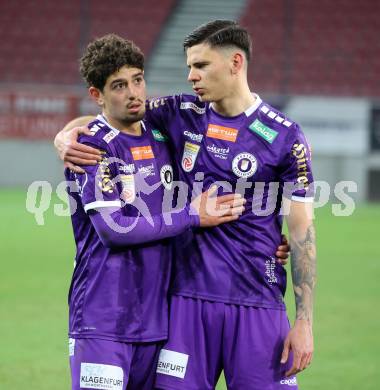 Fussball Bundesliga. SK Austria Klagenfurt gegen Altach.  Ben Bobzien, David Toshevski (Klagenfurt), Kosmas Gkezos. Klagenfurt, am 16.3..2025.
Foto: Kuess
---
pressefotos, pressefotografie, kuess, qs, qspictures, sport, bild, bilder, bilddatenbank