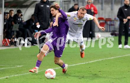 Fussball Bundesliga. SK Austria Klagenfurt gegen Altach.  Ben Bobzien, (Klagenfurt), Lukas Jaeger (Altach). Klagenfurt, am 16.3..2025.
Foto: Kuess
---
pressefotos, pressefotografie, kuess, qs, qspictures, sport, bild, bilder, bilddatenbank