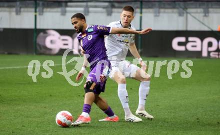 Fussball Bundesliga. SK Austria Klagenfurt gegen Altach. Keanan Bennetts (Klagenfurt), Leonardo Lukacevic  (Altach). Klagenfurt, am 16.3..2025.
Foto: Kuess
---
pressefotos, pressefotografie, kuess, qs, qspictures, sport, bild, bilder, bilddatenbank