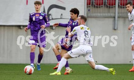 Fussball Bundesliga. SK Austria Klagenfurt gegen Altach.  Ben Bobzien (Klagenfurt), Mike Steven Baehre  (Altach). Klagenfurt, am 16.3..2025.
Foto: Kuess
---
pressefotos, pressefotografie, kuess, qs, qspictures, sport, bild, bilder, bilddatenbank