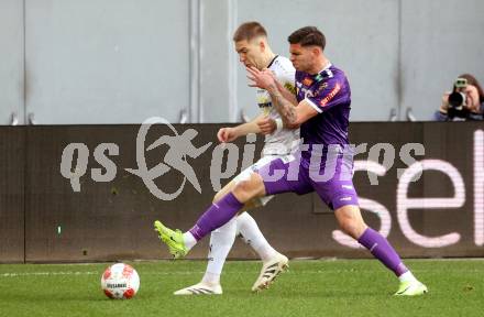 Fussball Bundesliga. SK Austria Klagenfurt gegen Altach.  David Toshevski (Klagenfurt), Leonardo Lukacevic  (Altach). Klagenfurt, am 16.3..2025.
Foto: Kuess
---
pressefotos, pressefotografie, kuess, qs, qspictures, sport, bild, bilder, bilddatenbank