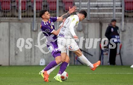 Fussball Bundesliga. SK Austria Klagenfurt gegen Altach.  David Toshevski (Klagenfurt), Pascal Juan Estrada  (Altach). Klagenfurt, am 16.3..2025.
Foto: Kuess
---
pressefotos, pressefotografie, kuess, qs, qspictures, sport, bild, bilder, bilddatenbank