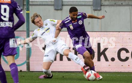Fussball Bundesliga. SK Austria Klagenfurt gegen Altach.  Keanan Bennetts (Klagenfurt), Paul-Friedrich Koller (Altach). Klagenfurt, am 16.3..2025.
Foto: Kuess
---
pressefotos, pressefotografie, kuess, qs, qspictures, sport, bild, bilder, bilddatenbank