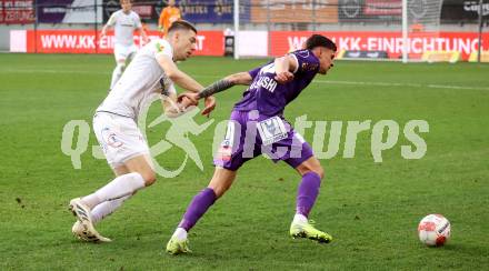 Fussball Bundesliga. SK Austria Klagenfurt gegen Altach.  David Toshevski (Klagenfurt), Leonardo Lukacevic (Altach). Klagenfurt, am 16.3..2025.
Foto: Kuess
---
pressefotos, pressefotografie, kuess, qs, qspictures, sport, bild, bilder, bilddatenbank