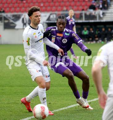 Fussball Bundesliga. SK Austria Klagenfurt gegen Altach. Dikeni Salifou  (Klagenfurt), Dijon Kameri  (Altach). Klagenfurt, am 16.3..2025.
Foto: Kuess
---
pressefotos, pressefotografie, kuess, qs, qspictures, sport, bild, bilder, bilddatenbank