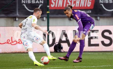 Fussball Bundesliga. SK Austria Klagenfurt gegen Altach. Niklas Szerencsi  (Klagenfurt), Mike Steven Baehre  (Altach). Klagenfurt, am 16.3..2025.
Foto: Kuess
---
pressefotos, pressefotografie, kuess, qs, qspictures, sport, bild, bilder, bilddatenbank