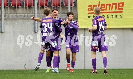 Fussball Bundesliga. SK Austria Klagenfurt gegen Altach.  Torjubel Jannik Robatsch, David Toshevski, Ben Bobzien, Christopher Cvetko (Klagenfurt). Klagenfurt, am 16.3..2025.
Foto: Kuess
---
pressefotos, pressefotografie, kuess, qs, qspictures, sport, bild, bilder, bilddatenbank