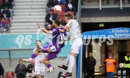 Fussball Bundesliga. SK Austria Klagenfurt gegen Altach.  Keanan Bennetts (Klagenfurt), Paul Friedrich Koller (Altach). Klagenfurt, am 16.3..2025.
Foto: Kuess
---
pressefotos, pressefotografie, kuess, qs, qspictures, sport, bild, bilder, bilddatenbank
