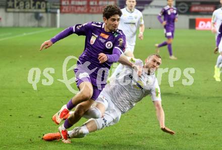 Fussball Bundesliga. SK Austria Klagenfurt gegen Altach.  Ben Bobzien (Klagenfurt), Lukas Jaeger  (Altach). Klagenfurt, am 16.3..2025.
Foto: Kuess
---
pressefotos, pressefotografie, kuess, qs, qspictures, sport, bild, bilder, bilddatenbank