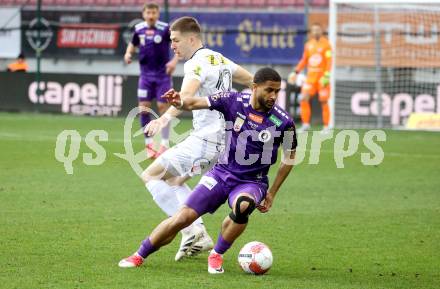 Fussball Bundesliga. SK Austria Klagenfurt gegen Altach.  Keanan Bennetts (Klagenfurt), Leonardo Lukacevic  (Altach). Klagenfurt, am 16.3..2025.
Foto: Kuess
---
pressefotos, pressefotografie, kuess, qs, qspictures, sport, bild, bilder, bilddatenbank