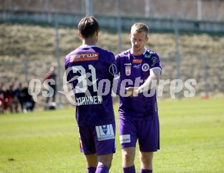 Fussball Bundesliga. Testspiel. SK Austria Klagenfurt gegen Kapfenberg. Torjubel 
Thorsten Mahrer, Christopher Brian Cvetko (Klagenfurt). Klagenfurt, am 20.3.2025.
Foto: Kuess
www.qspictures.net
---
pressefotos, pressefotografie, kuess, qs, qspictures, sport, bild, bilder, bilddatenbank