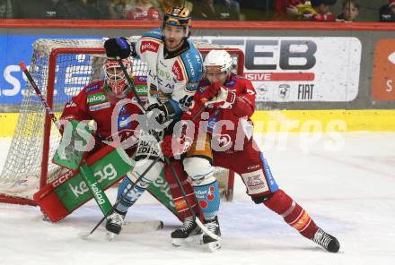 Eishockey ICE Bundesliga. KAC gegen Linz. David Maier  (KAC),  Graham Knott (Linz) . Klagenfurt, am 23.3.2025
Foto: Kuess
---
pressefotos, pressefotografie, kuess, qs, qspictures, sport, bild, bilder, bilddatenbank