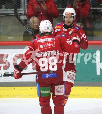 Eishockey ICE Bundesliga. KAC gegen Linz. Torjubel  Daniel Obersteiner, Matthew Fraser   (KAC). . Klagenfurt, am 23.3.2025
Foto: Kuess
---
pressefotos, pressefotografie, kuess, qs, qspictures, sport, bild, bilder, bilddatenbank