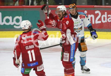 Eishockey ICE Bundesliga. KAC gegen Linz. Torjubel Kevin Paul Clark, Nicholas Eric Petersen (KAC). Klagenfurt, am 23.3.2025
Foto: Kuess
---
pressefotos, pressefotografie, kuess, qs, qspictures, sport, bild, bilder, bilddatenbank