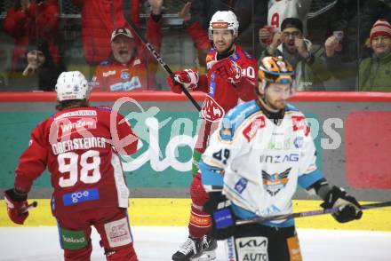 Eishockey ICE Bundesliga. KAC gegen Linz. Torjubel  Daniel Obersteiner, Matthew Fraser   (KAC). . Klagenfurt, am 23.3.2025
Foto: Kuess
---
pressefotos, pressefotografie, kuess, qs, qspictures, sport, bild, bilder, bilddatenbank