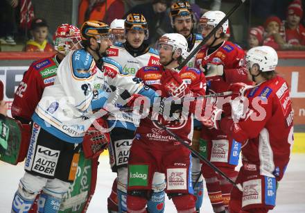 Eishockey ICE Bundesliga. KAC gegen Linz. David Maier  (KAC), Julian Pusnik (Linz). Klagenfurt, am 23.3.2025
Foto: Kuess
---
pressefotos, pressefotografie, kuess, qs, qspictures, sport, bild, bilder, bilddatenbank