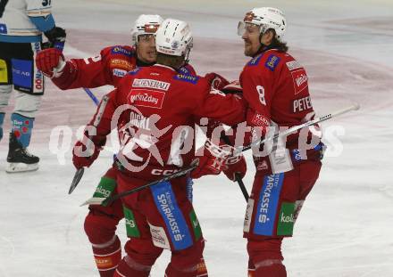 Eishockey ICE Bundesliga. KAC gegen Linz. Torjubel David Maier, Thimo Nickl, Nicholas Eric Petersen   (KAC). . Klagenfurt, am 23.3.2025
Foto: Kuess
---
pressefotos, pressefotografie, kuess, qs, qspictures, sport, bild, bilder, bilddatenbank