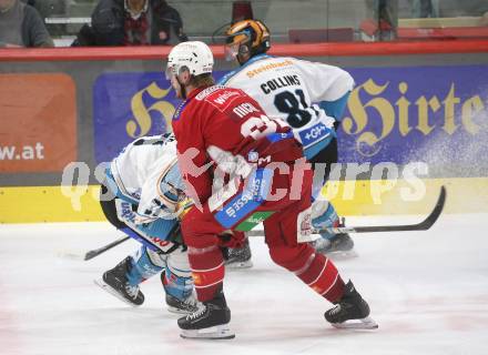 Eishockey ICE Bundesliga. KAC gegen Linz. Thimo Nickl    (KAC),  Andreas Kristler (Linz) . Klagenfurt, am 23.3.2025
Foto: Kuess
---
pressefotos, pressefotografie, kuess, qs, qspictures, sport, bild, bilder, bilddatenbank