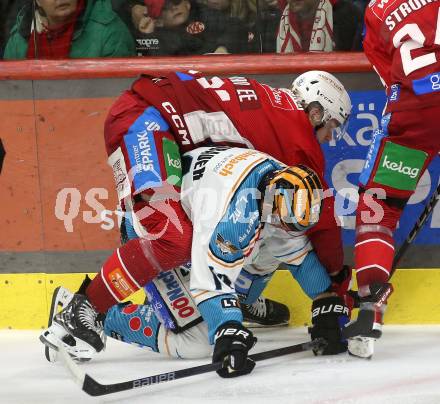 Eishockey ICE Bundesliga. KAC gegen Linz. Finn Van Ee  (KAC), Henrik Neubauer (Linz) . Klagenfurt, am 23.3.2025
Foto: Kuess
---
pressefotos, pressefotografie, kuess, qs, qspictures, sport, bild, bilder, bilddatenbank