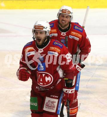 Eishockey ICE Bundesliga. KAC gegen Linz. Torjubel Daniel Obersteiner,  Mathias From (KAC) . Klagenfurt, am 23.3.2025
Foto: Kuess
---
pressefotos, pressefotografie, kuess, qs, qspictures, sport, bild, bilder, bilddatenbank