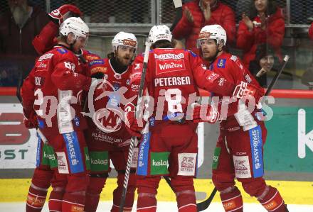 Eishockey ICE Bundesliga. KAC gegen Linz. Torjubel  Clemens Unterweger, Thimo Nickl, Daniel Obersteiner, Matthew Fraser, Nicholas Eric Petersen   (KAC). . Klagenfurt, am 23.3.2025
Foto: Kuess
---
pressefotos, pressefotografie, kuess, qs, qspictures, sport, bild, bilder, bilddatenbank