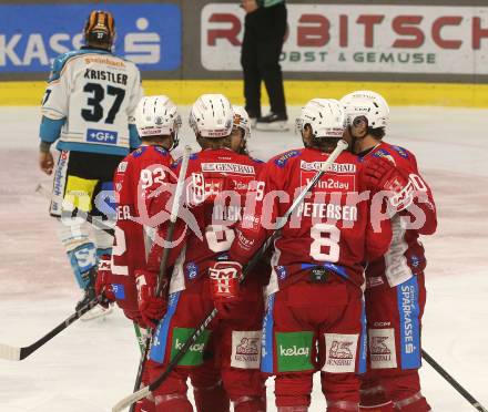Eishockey ICE Bundesliga. KAC gegen Linz. Torjubel David Maier, Thimo Nickl, Nicholas Eric Petersen, Daniel Obersteiner, Matthew Fraser   (KAC). . Klagenfurt, am 23.3.2025
Foto: Kuess
---
pressefotos, pressefotografie, kuess, qs, qspictures, sport, bild, bilder, bilddatenbank